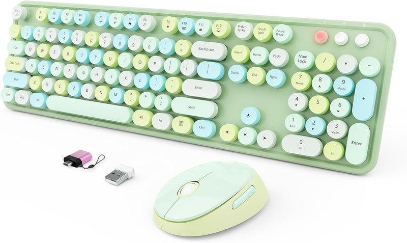 SkyGive Wireless Keyboard and Mouse Combo, Ergonomic Full Size Typewriter Retro Round Keycaps Keyboard, Compatible with Windows, PC, Perfer for Home and Office Keyboards (Green - Image 1